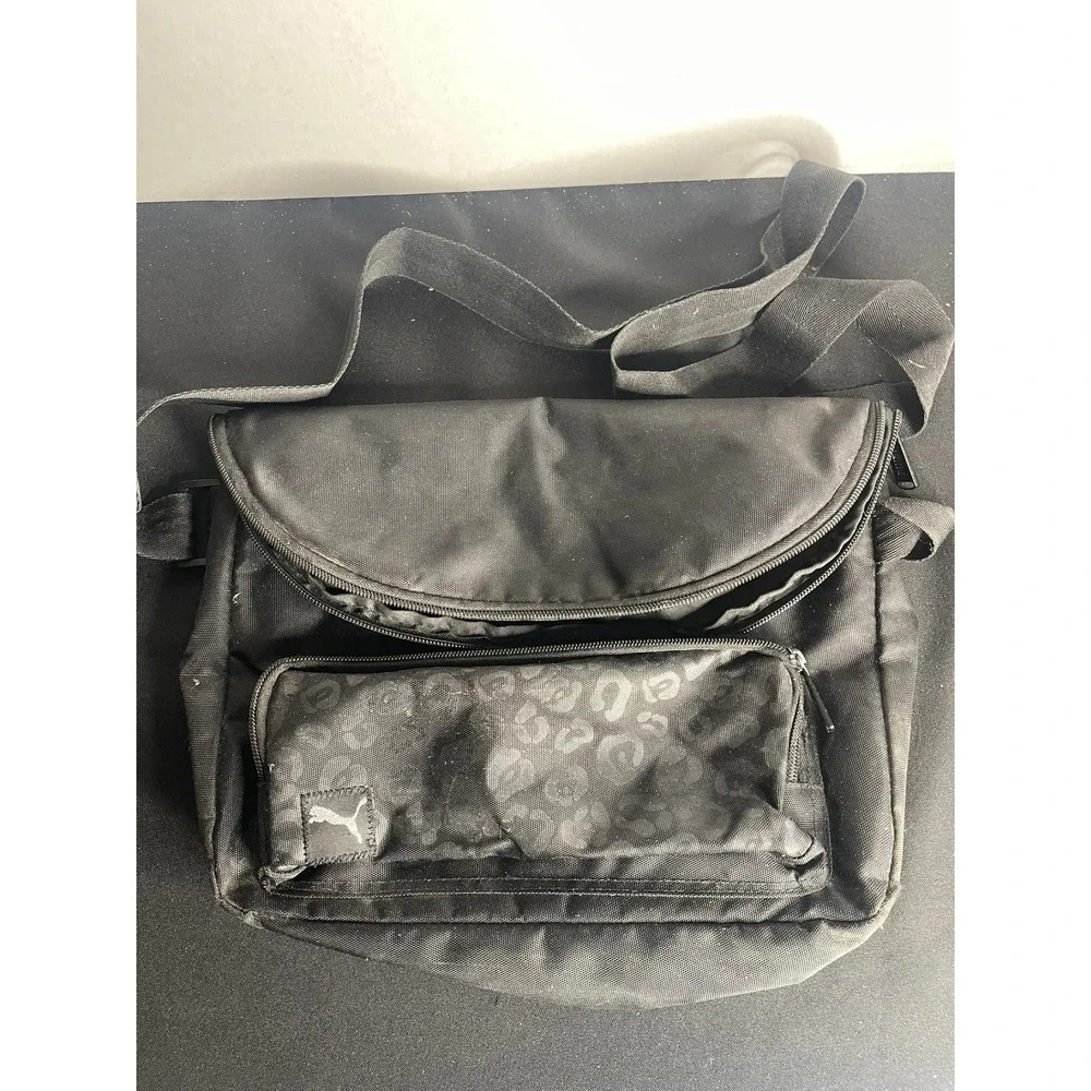 Puma‎ Messenger Bag Black Canvas Leopard Print Accent Crossbody Adjustable Strap